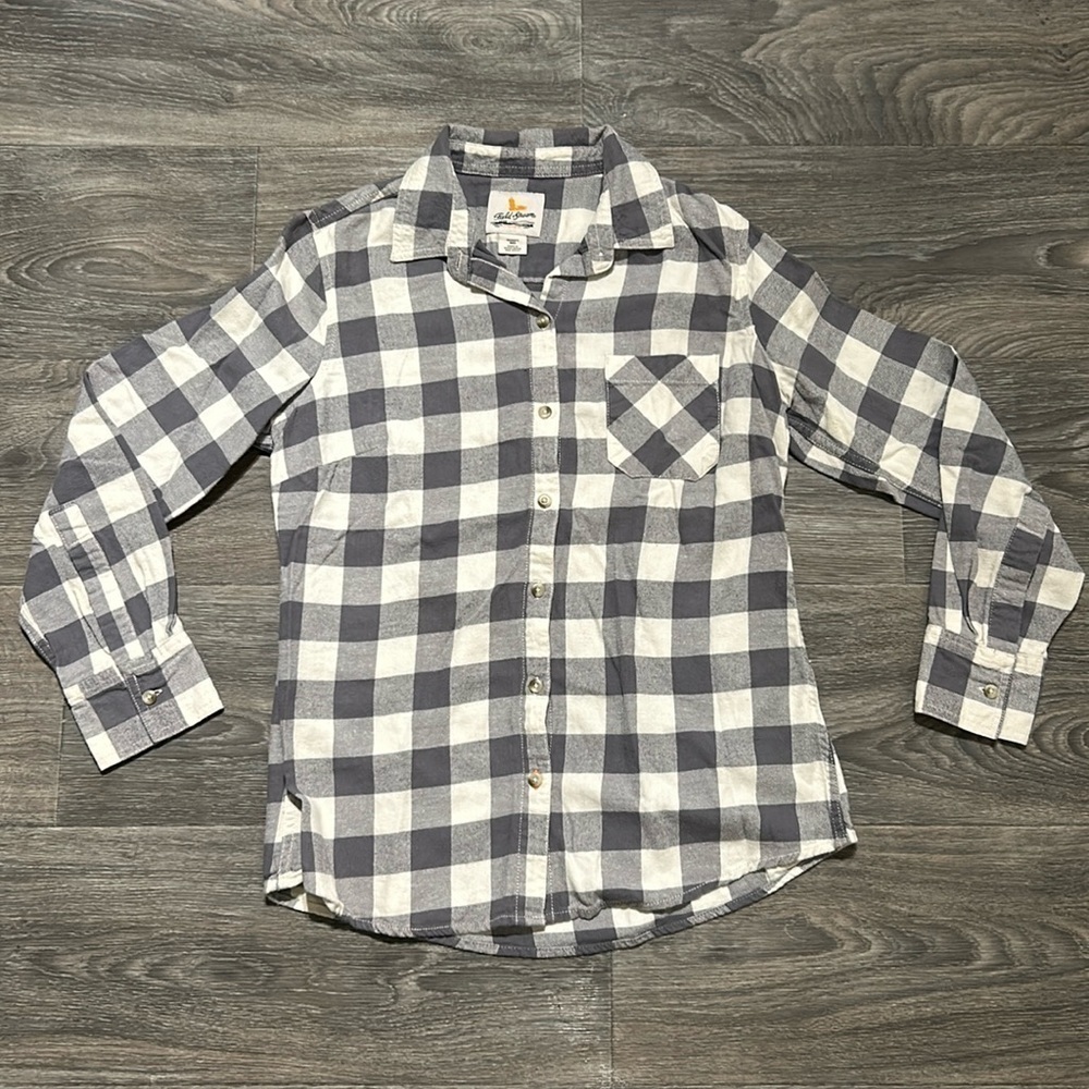 Field & Stream Flannel Button Up Medium Gray White Hiking Camping Plaid Cotton